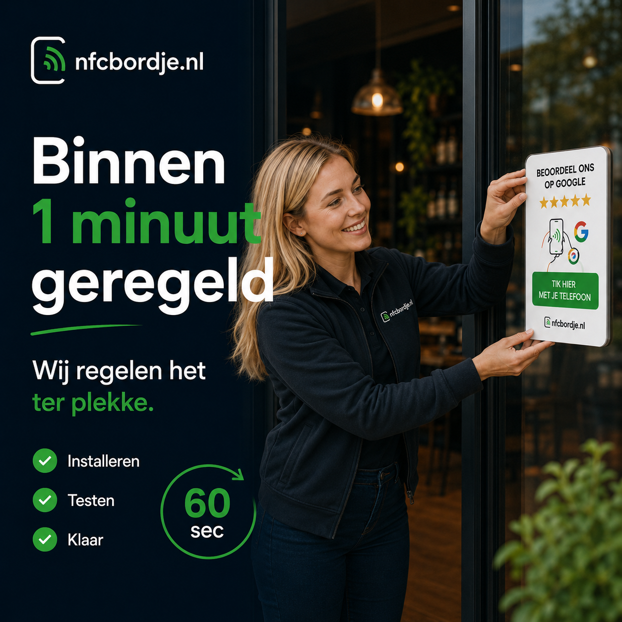 Medewerker van nfcbordje.nl plaatst binnen 1 minuut een NFC-reviewbordje op de etalageruit