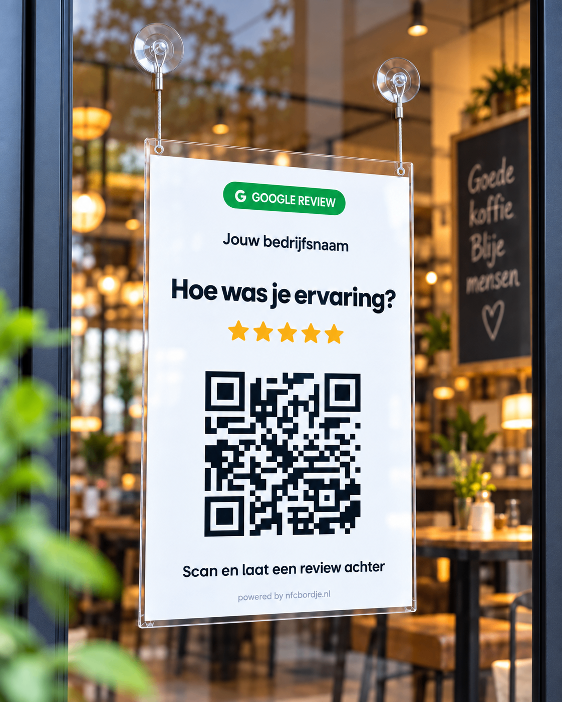 QR-reviewposter aan het raam van een café