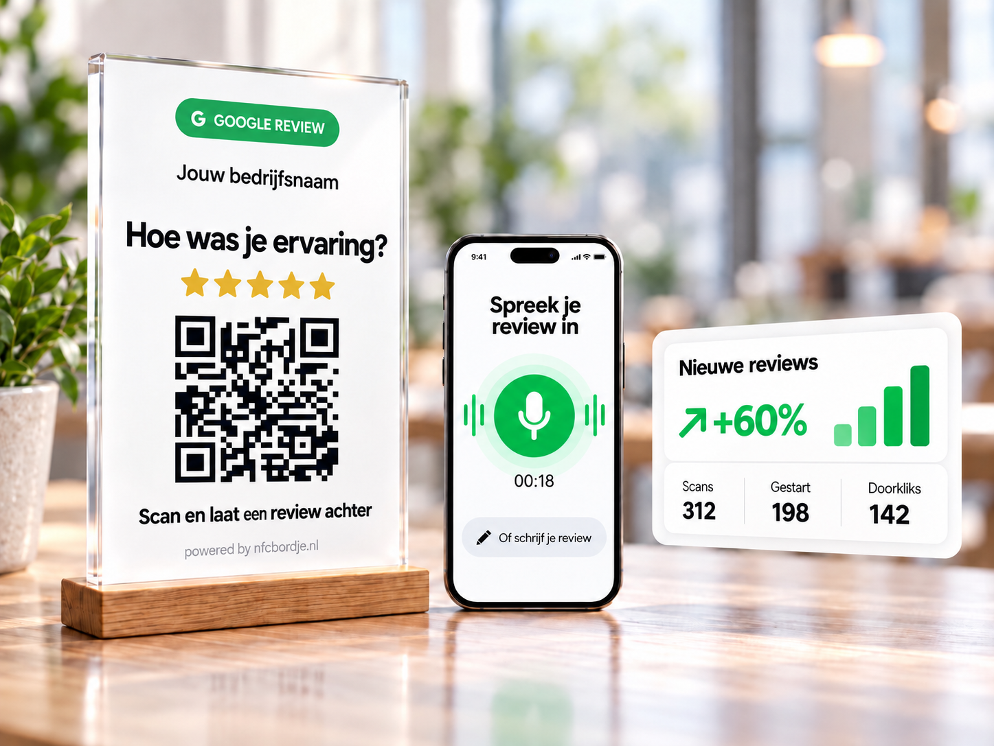 NFCbordje reviewdisplay: QR-poster, telefoon met gesproken reviewhulp en live reviewstatistieken