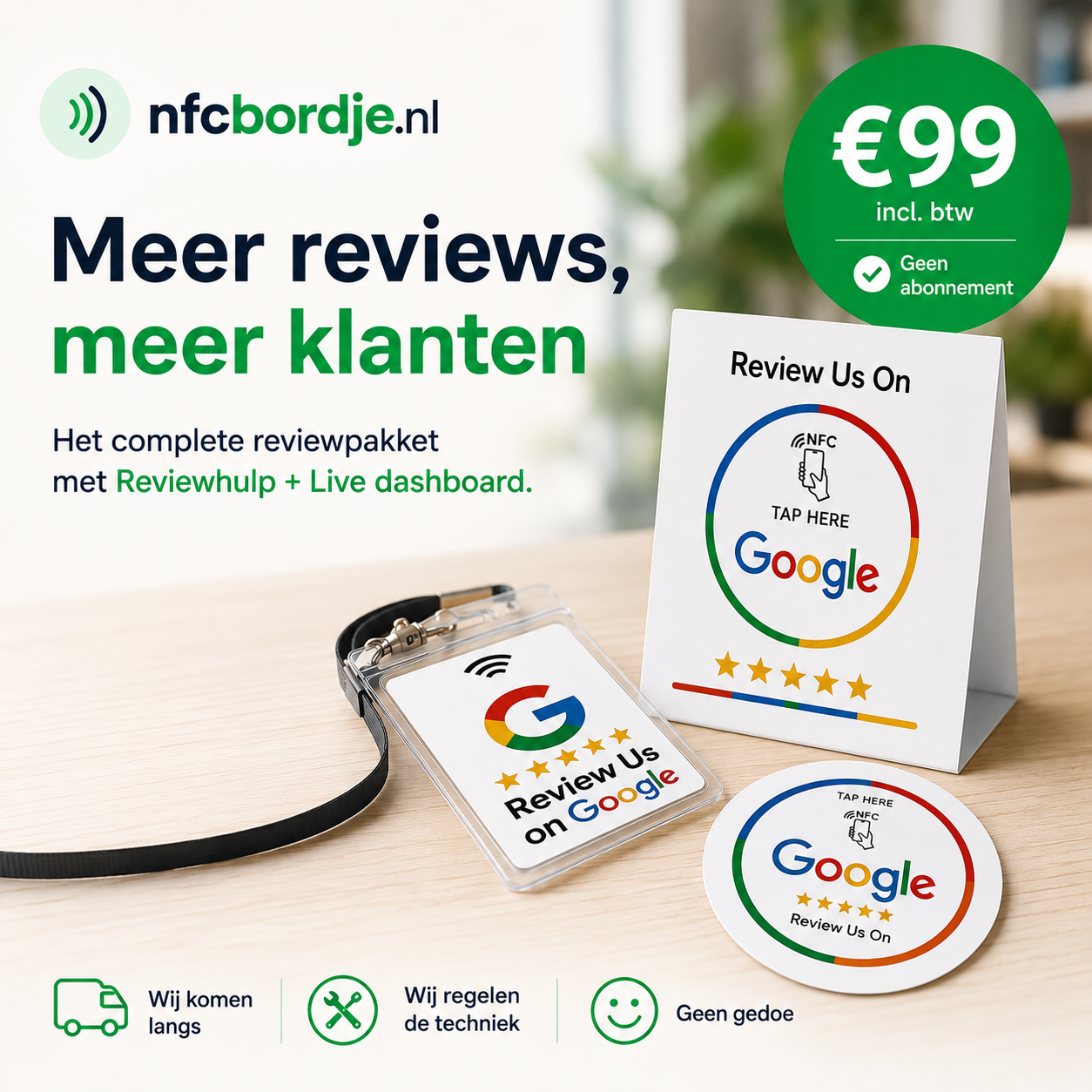 NFCbordje Plus pakket: NFC-bordje, NFC-card en NFC-sticker voor Google reviews