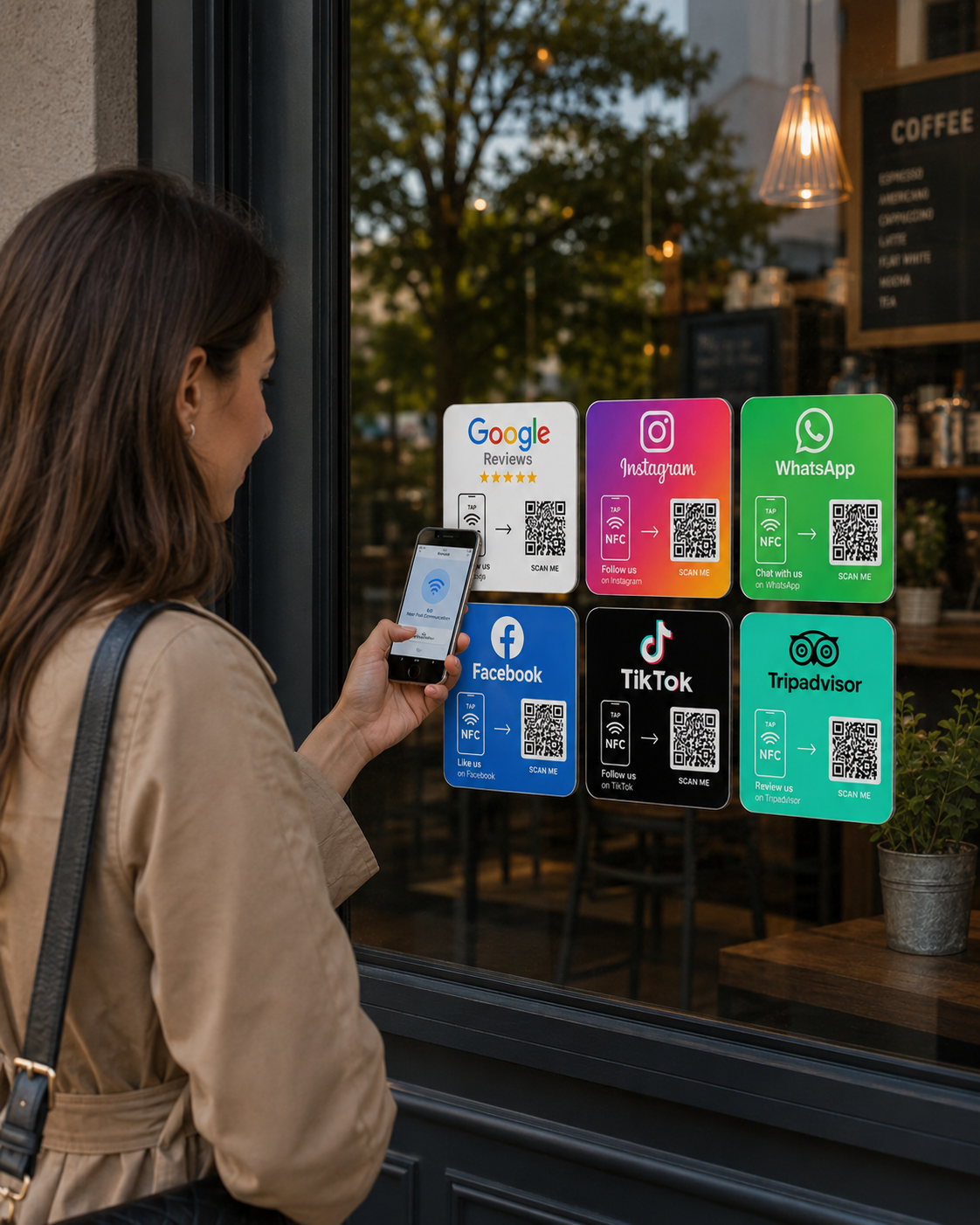 Persoon gebruikt een NFC-kaart op een winkelruit om van een fysiek contactmoment naar een online actie te gaan