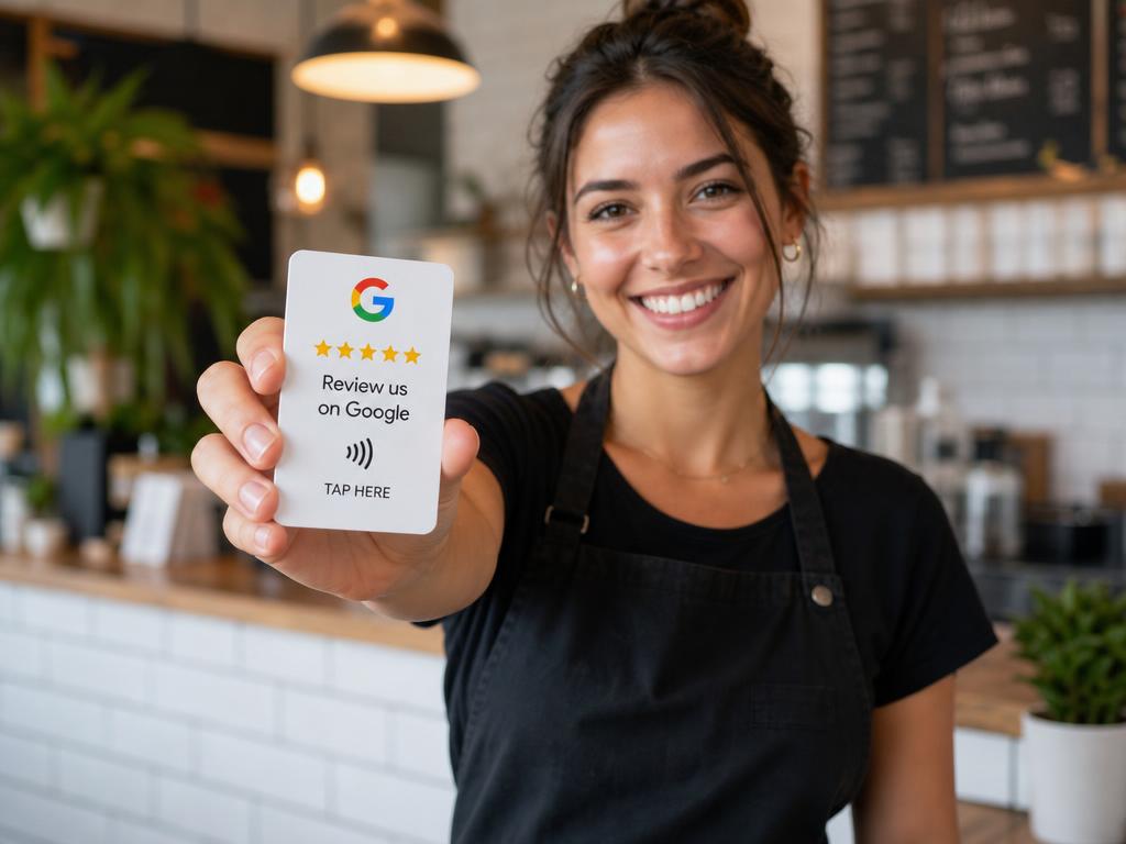 Medewerker houdt een witte NFC-card met Google logo en vijf sterren omhoog in een café