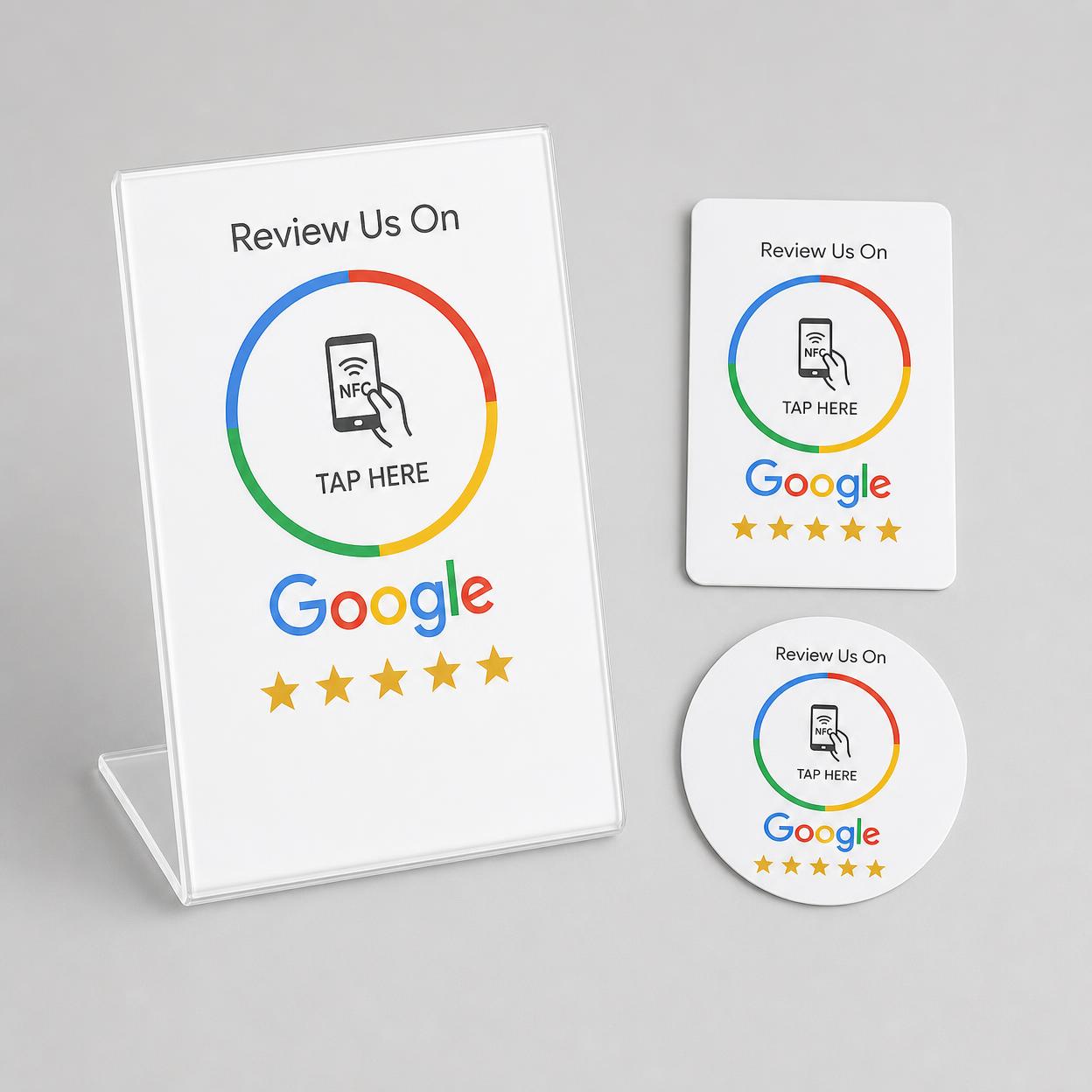 Compact Reviewpakket: wit NFC-bordje, witte NFC-sticker en witte NFC-card met Google logo en vijf sterren