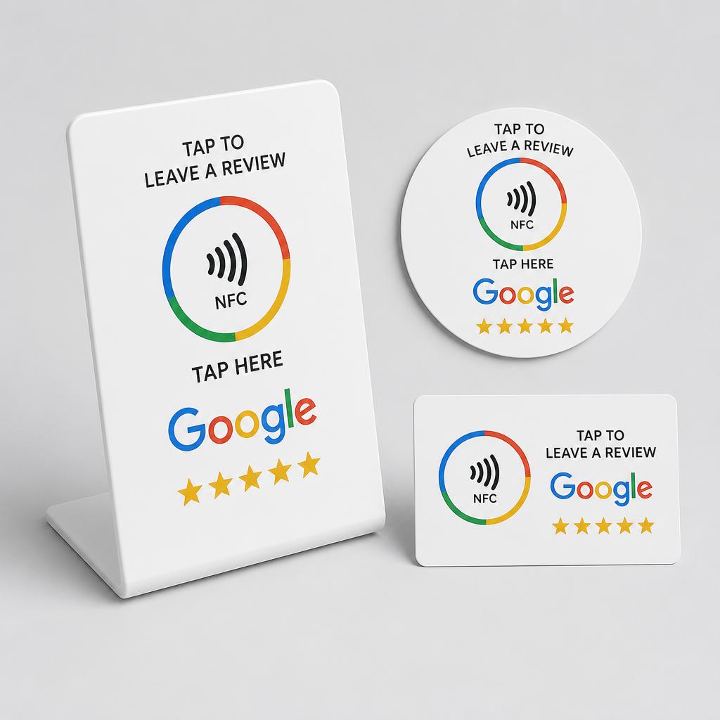 NFCbordje Plus: wit NFC-bordje, witte NFC-sticker en witte NFC-card met Google logo en vijf sterren