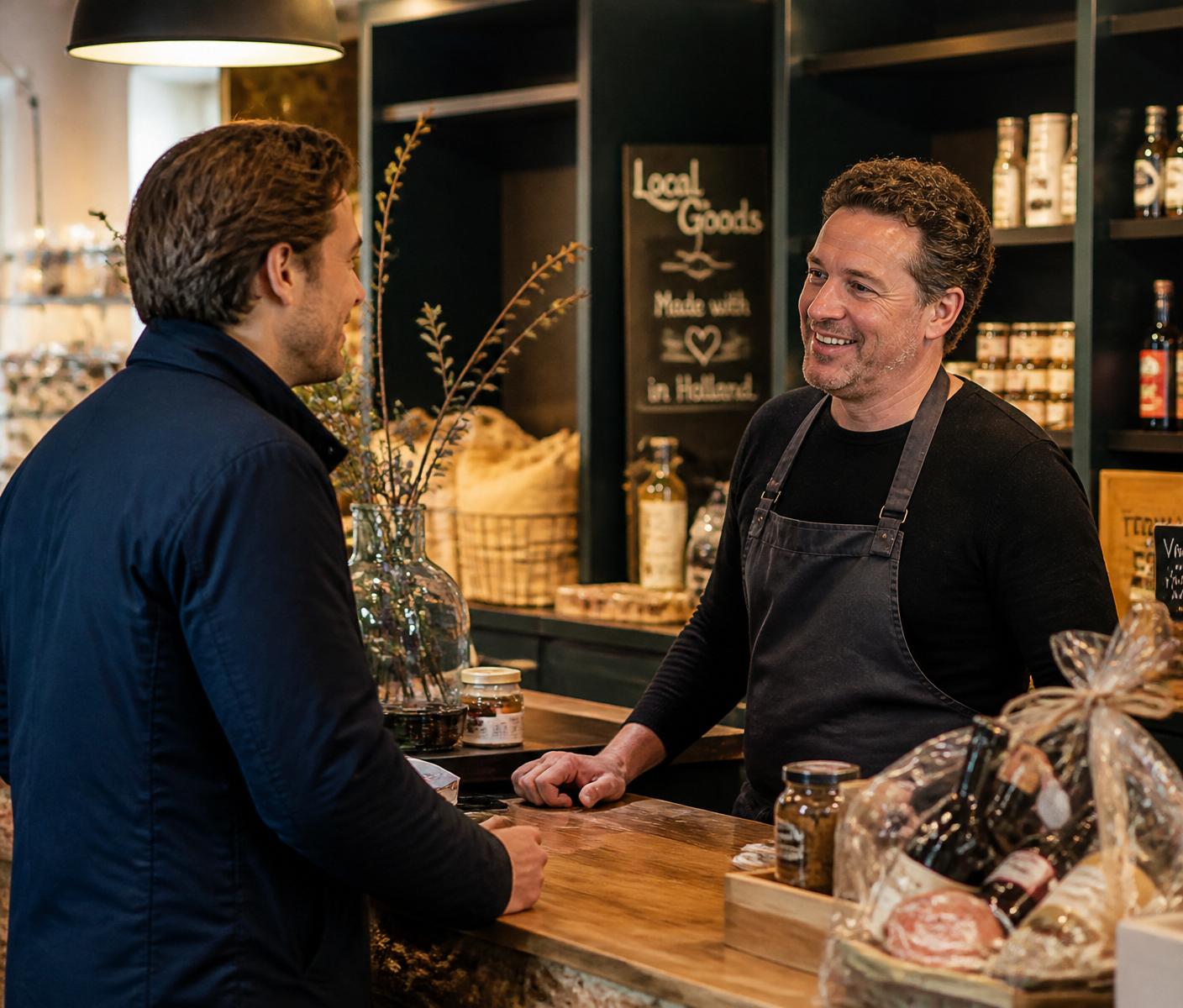 Vertegenwoordiger en lokale ondernemer in gesprek aan de balie