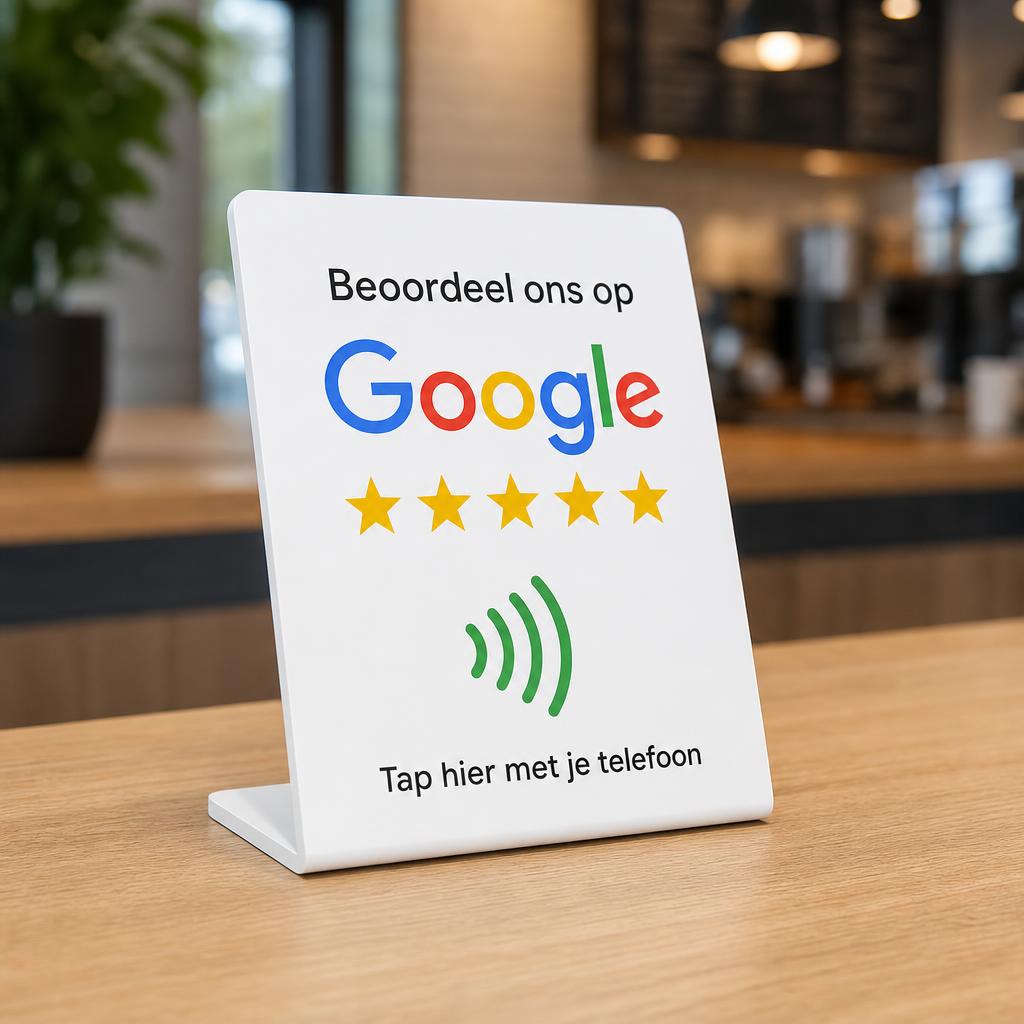 Wit NFC-reviewbordje op een winkelbalie naast de kassa