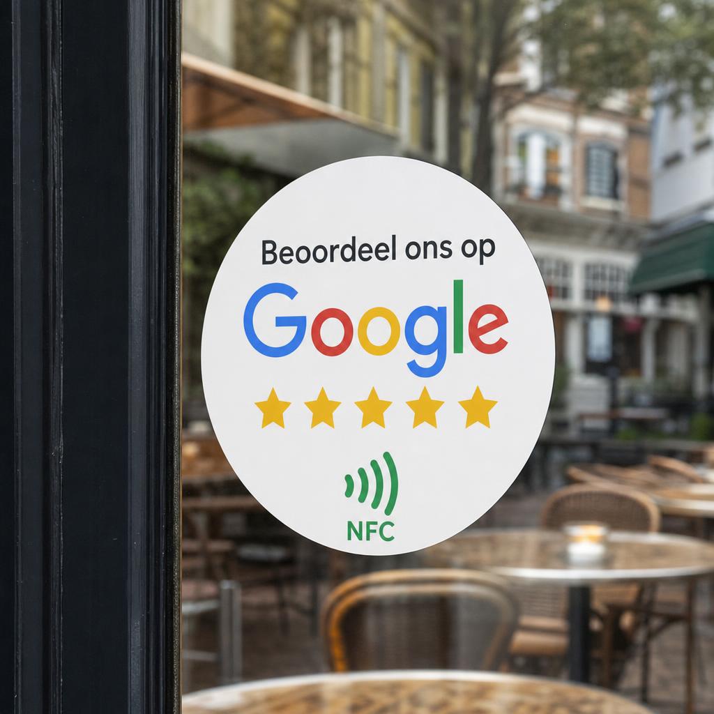 Ronde NFC-reviewsticker op een winkelraam