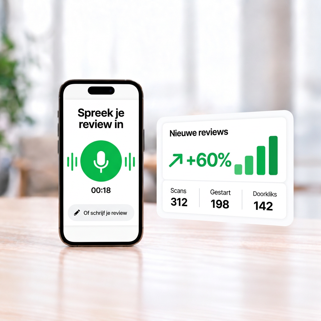 Reviewhulp op een telefoon naast een dashboard met reviews, scans en doorkliks