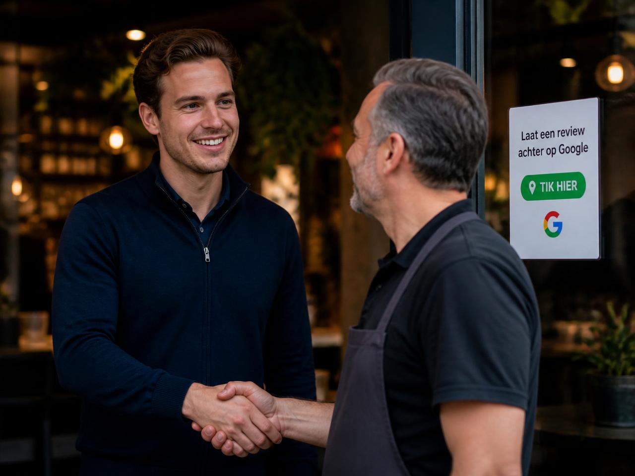 Vertegenwoordiger loopt een lokale winkel binnen en groet de ondernemer