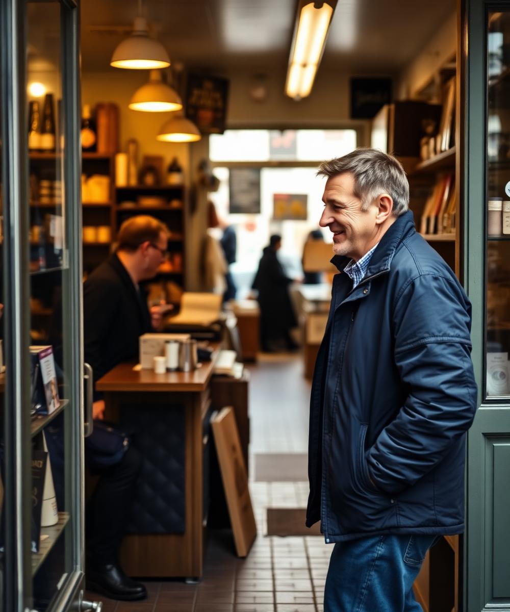 Vertegenwoordiger loopt een lokale winkel binnen en groet de ondernemer