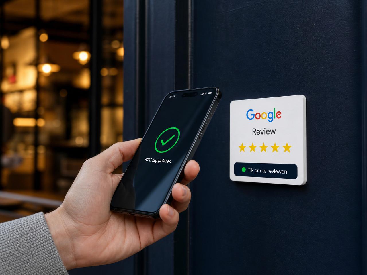 Klant houdt smartphone tegen een Google review NFC-bordje bij de deur van een zaak