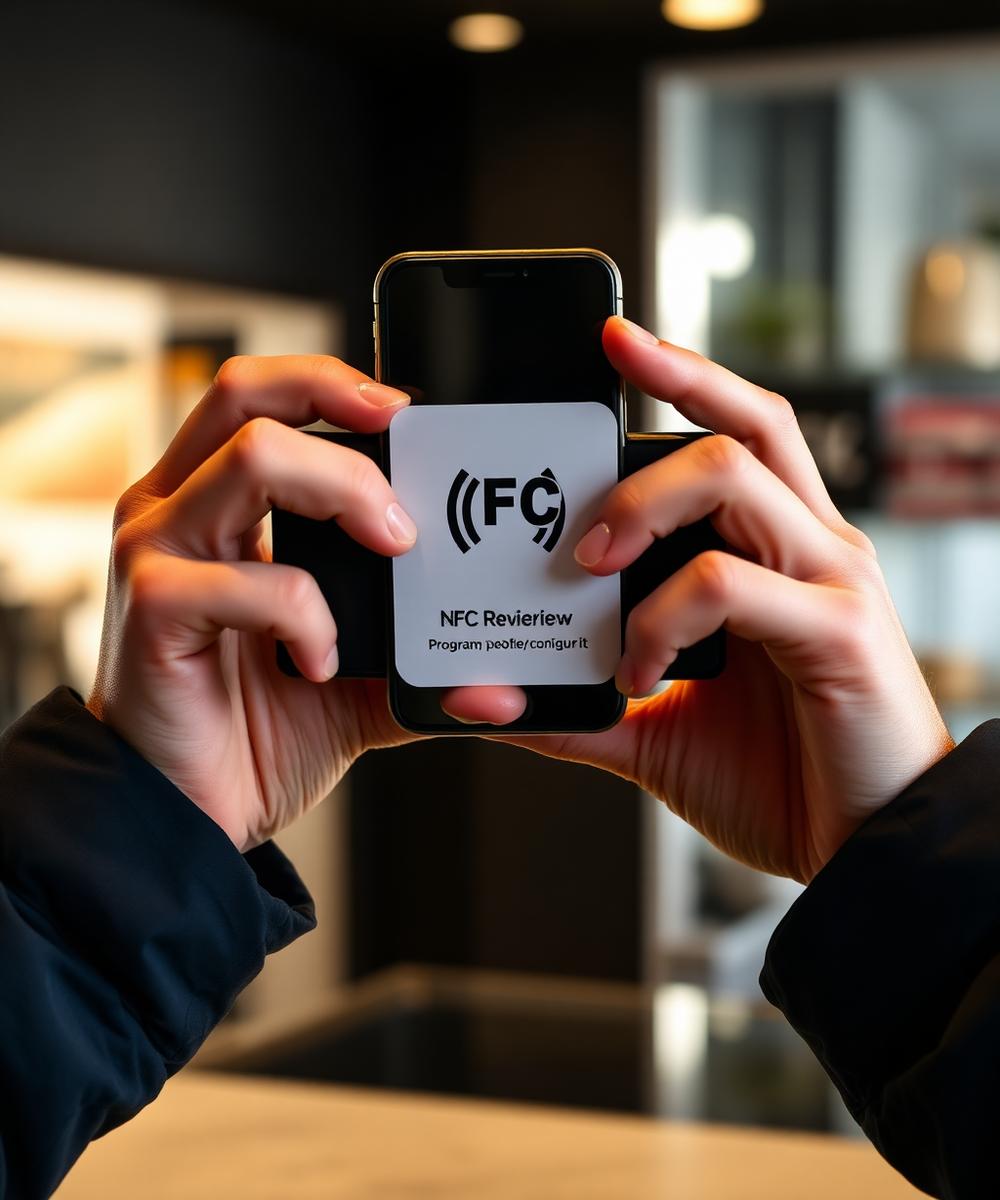 Vertegenwoordiger programmeert een NFC-product met een smartphone