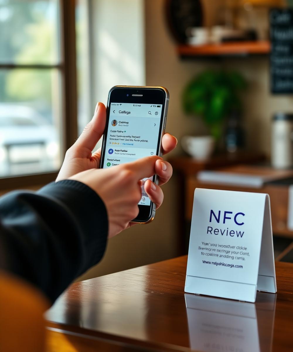 Klant houdt smartphone bij een NFC-bordje op de balie